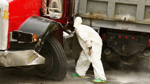 Man inspecting truck after accident