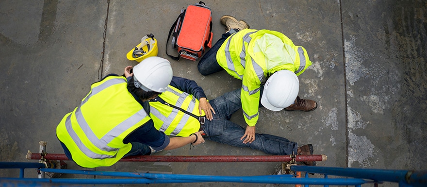 Construction worker injury, fallen from scaffolding at site