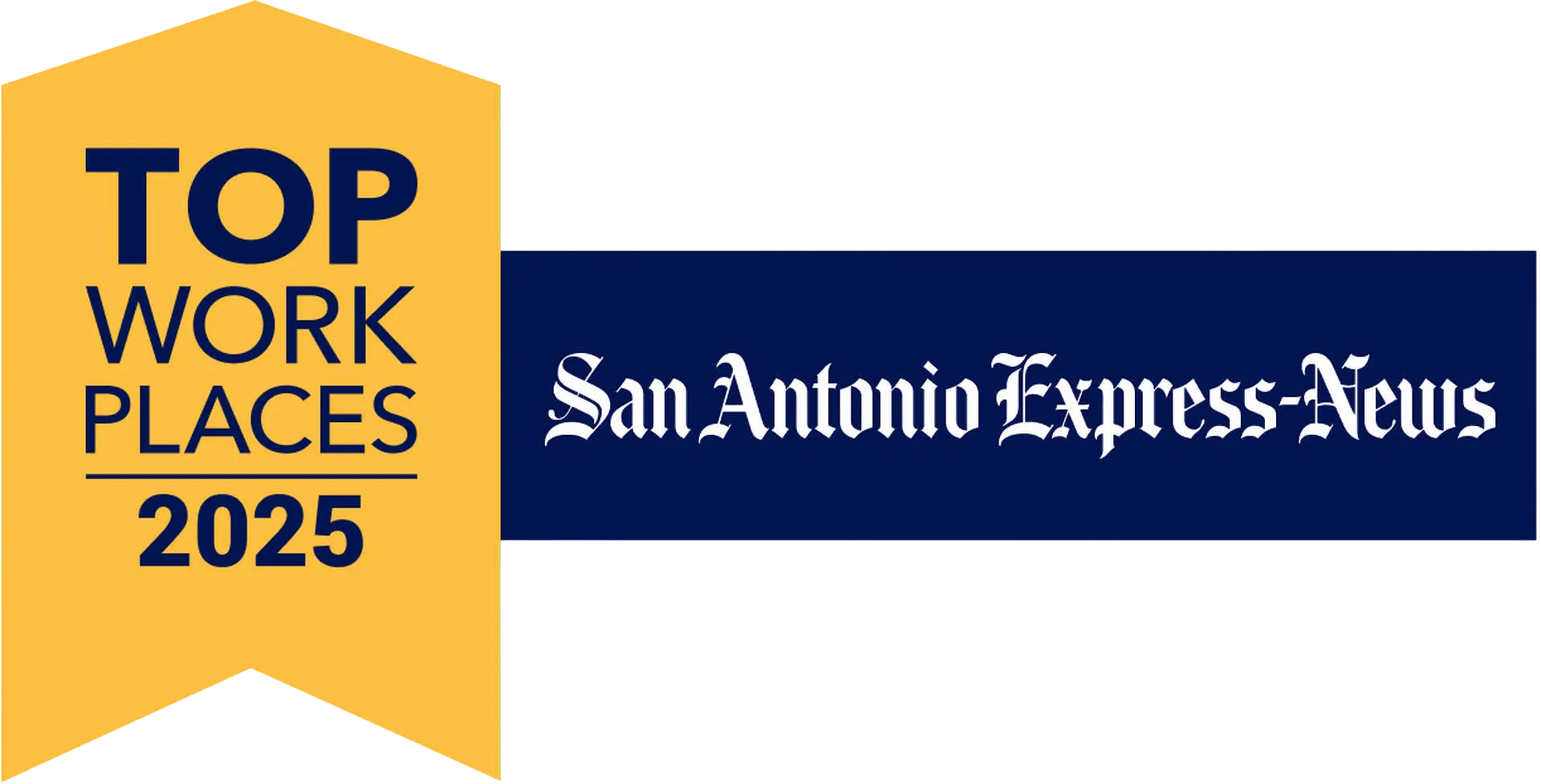 A yellow banner reads Top Workplaces 2025 next to a navy blue rectangle with the San Antonio Express-News logo in white text.